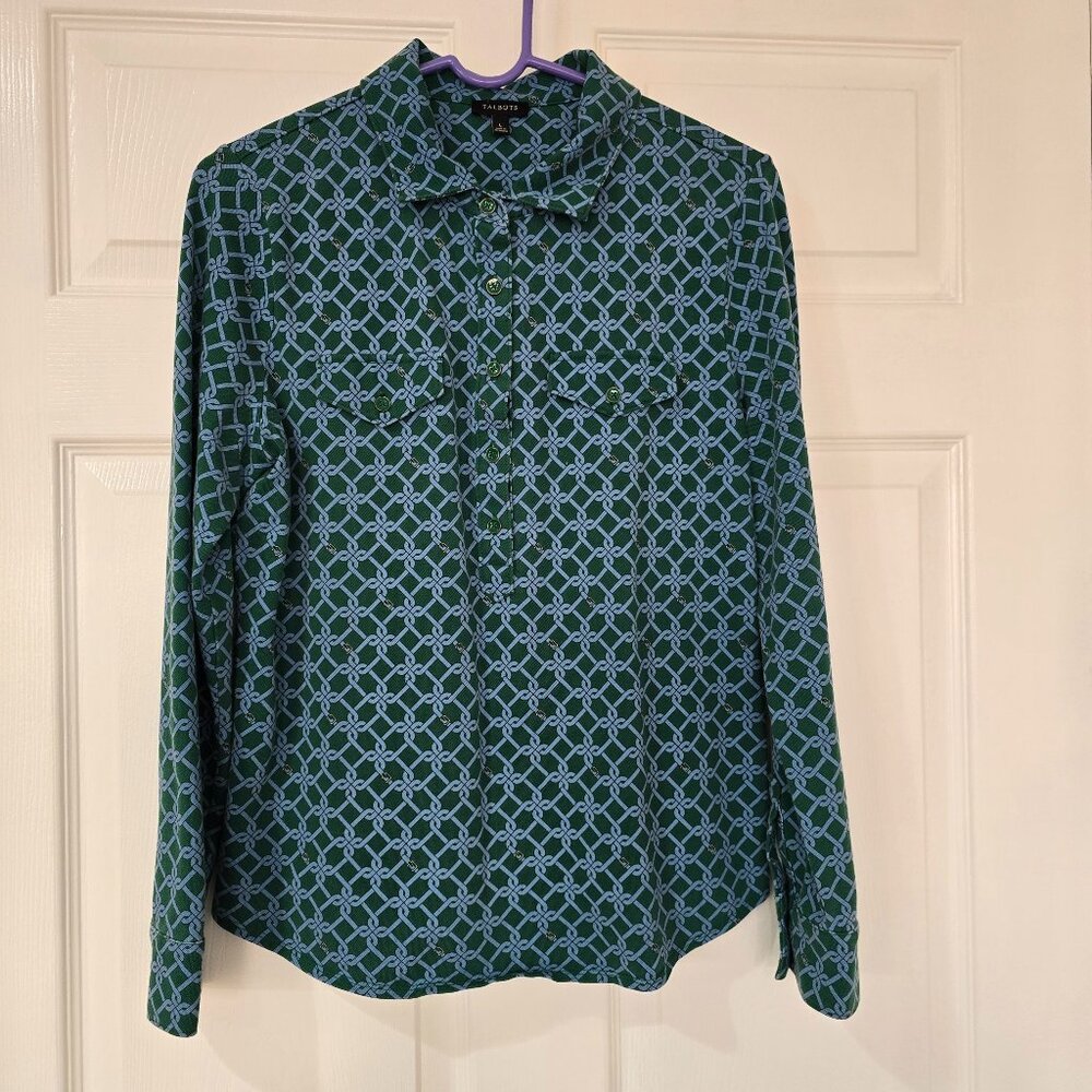 Talbots Belt & Buckle Print 1/2 Button Pullover Long‎ Sleeve Top Green Blue Sz L